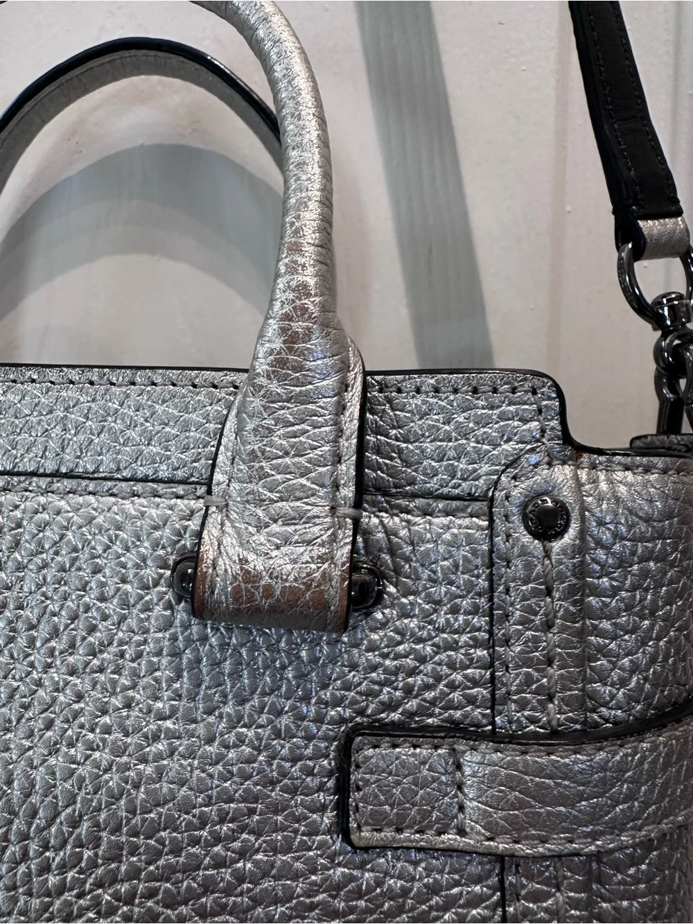 Coach Metallic Silver Leather Mini Swagger Satchel